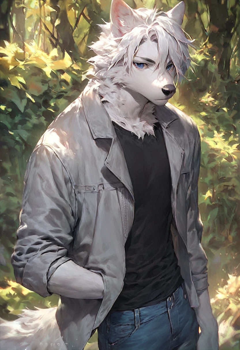 score_9, score_8_up, score_7_up, score_6_up, score_5_up, score_4_up, (solo), male anthro wolf, solo, forest, modern outfit, grey jacket, black shirt, jeans, medium length white hair, dark blue eyes, pure white fur,