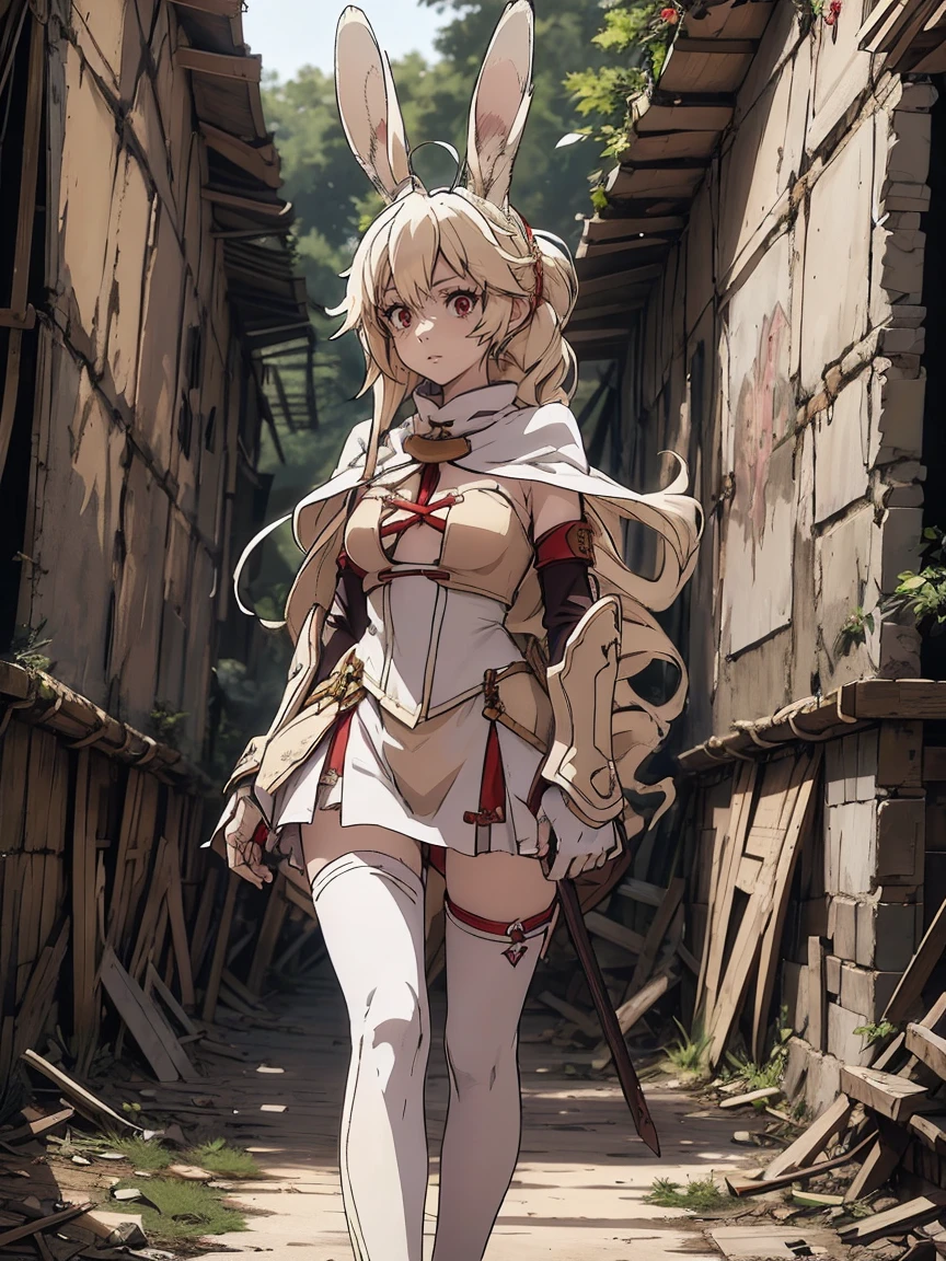 a rabbit girl walking in ruin, (rabbit girl)(best quality,high resolution, masterpiece:1.2), female focus, (one girl:1.5), (free hands), beautiful eyes, (white hair:1), detailed eyes, (rabbit ears), (red eyes:1.2), white cloak, curious expression, fleshy lips, hair ornament, leather armor, Clothes made of tanned leather, detached sleeves, wrist guard, white thighhighs, shin guards, perfect quality, good quality, masterpiece, (arms crossed1.2), looking at the viewer, Prepare-se para mergulhar em um mundo onde a beleza e o artesanato se fundem perfeitamente, anatomically correct. ultra nitidez