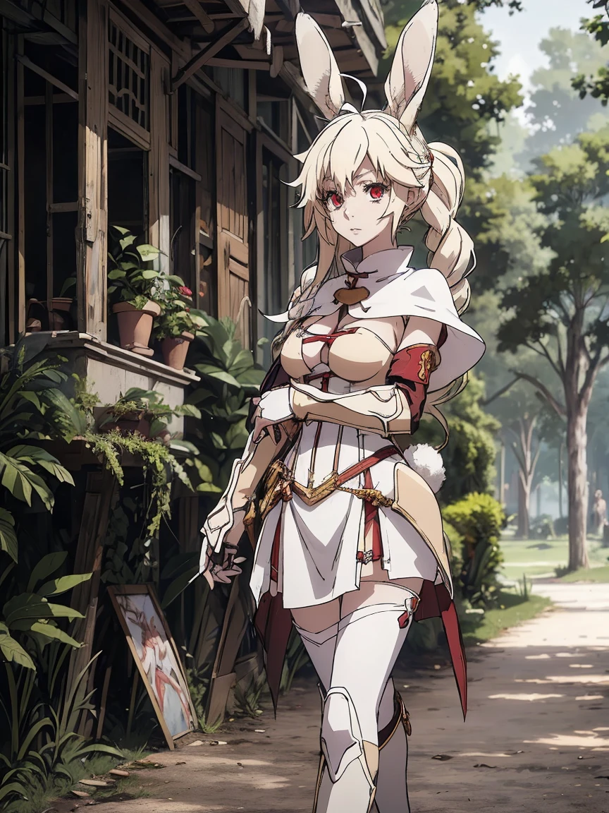 a rabbit girl walking in ruin, (rabbit girl)(best quality,high resolution, masterpiece:1.2), female focus, (one girl:1.5), (free hands), beautiful eyes, (white hair:1), detailed eyes, (rabbit ears), (red eyes:1.2), white cloak, curious expression, fleshy lips, hair ornament, leather armor, Clothes made of tanned leather, detached sleeves, wrist guard, white thighhighs, shin guards, perfect quality, good quality, masterpiece, (arms crossed1.2), looking at the viewer, Prepare-se para mergulhar em um mundo onde a beleza e o artesanato se fundem perfeitamente, anatomically correct. ultra nitidez