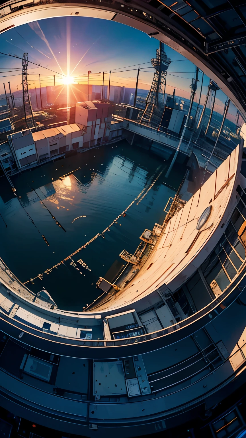 (Fish-eye),Icon, Logo, Very Wide White Background, Extreme Quality, Masterpiece, 8k, Depth of Field, Complex Detail, (No People), Very Large Margin, Lots of Text, Corporate Logo, Space, Emblem, Movie Poster-Like, Fisheye, (Abandoned Factory), (Lots of Wires), Spacecraft, Moon, Sun Flare, (sunset),