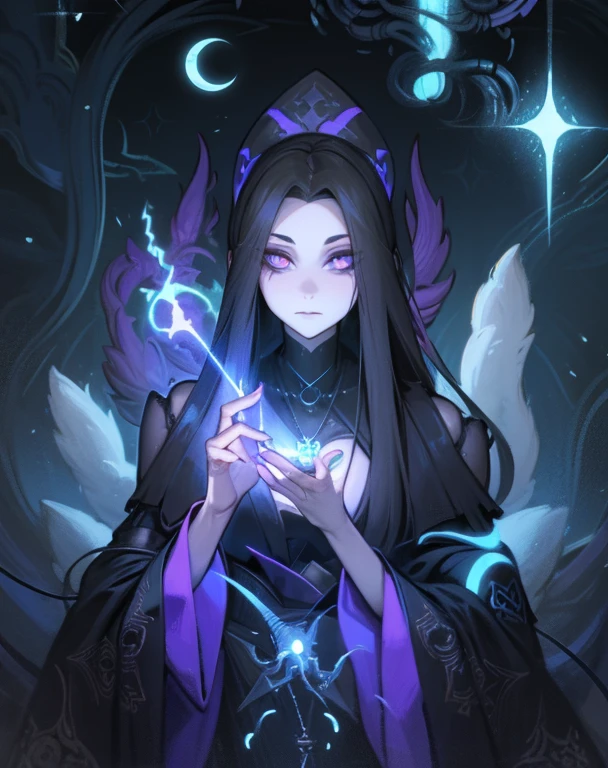 create a scene that depicts a modern-day witch who has embraced the world of cybernetics to enhance her magical abilities. The artwork should convey the enchanting blend of traditional witchcraft and futuristic technology. Here are some specific elements to include: The Witch's Lair: The setting should be a cozy yet slightly eerie room, filled with magical books, crystal balls, potion ingredients, and antique furnishings. The room should be dimly lit by candles and a soft, mystical glow emanating from her cybernetic enhancements. The Cyborg Witch: The central focus of the artwork is the witch herself. She's a striking figure with a mix of traditional witch attire and cybernetic enhancements. Her clothing should have a witchy, occult aesthetic, with flowing robes, a pointed hat, and an intricate pentagram necklace. Her arms, however, have been upgraded with cybernetic components that incorporate magical symbols and glowing runes. Magical Interface: The witch is in the midst of casting a spell, with a holographic, touch-screen interface floating before her. This interface includes spell incantations, arcane symbols, and digital components, demonstrating her fusion of magic and technology. Spell Ingredients: On a nearby table, there should be a collection of spell ingredients, like herbs, potions, and magical artifacts. Some of these items may have been modified with cybernetic enhancements, blurring the line between the natural and the technological. Familiar: The witch's familiar, perhaps a cat or raven, should be present in the scene, serving as her magical companion. The familiar could also have subtle cybernetic enhancements or glowing eyes. Glowing Runes: The room should be adorned with ancient symbols and glowing runes on the walls and floor, contributing to the magical atmosphere. Aetherial Lighting: Use a combination of mystical, ethereal lighting and cybernetic glows to create a captivating interplay of light and shadow. The contrast between the tradit