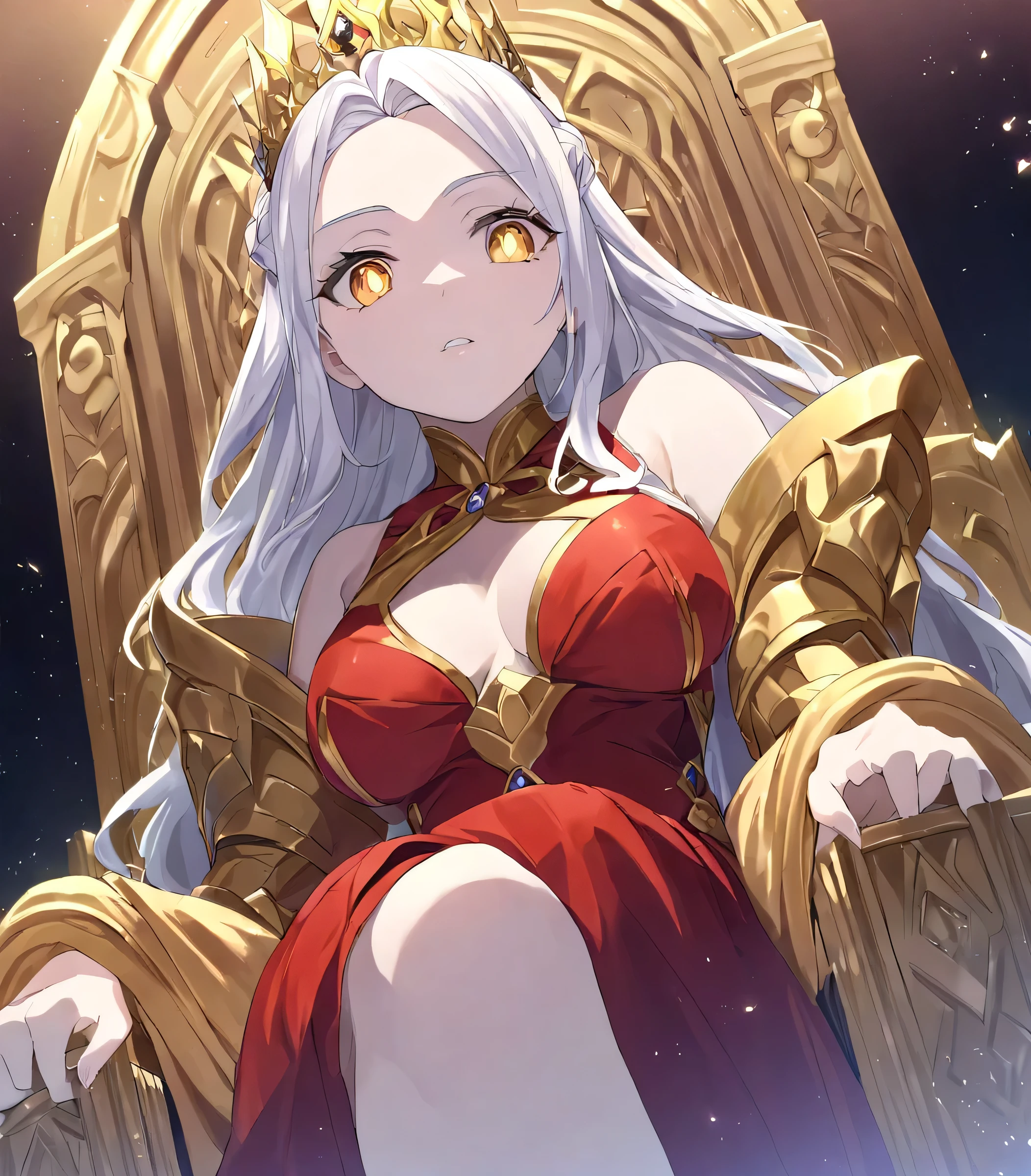 ((best quality)), ((best resolution)), ((masterpiece)) perfect face, Edelgard((Fire emblem)), beautiful face, perfect body, firm breasts, long red dress, beautiful dress, sitting on the throne, golden throne, small, white hair, detailed hair, detailed face, gold pupils, detailed pupils, gold crown, looking down, camera from below, Inside the palace, it was dark.