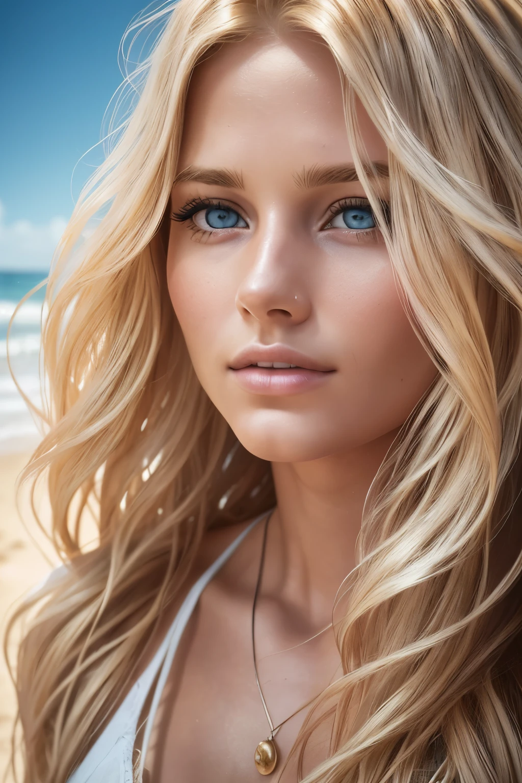 Photo of a 23-year-old blonde girl, raw, Stunning model, (Long, wavy blonde hair, styled in beachy waves), (Auto-touched for hyper-realism), ((Detailed face:1.2)), ((detailed facial features)), (finely detailed skin), fair skin, , Sitting on a sandy beach, (Warm, golden sunlight), (Auto-touched to perfection), Realistic, photorealistic, (perfect proportions), (photorealistic: 1.4), high resolution, detailed, raw photo, sharp realistic, by Lee Jeffries, Nikon D850, Kodak Portra