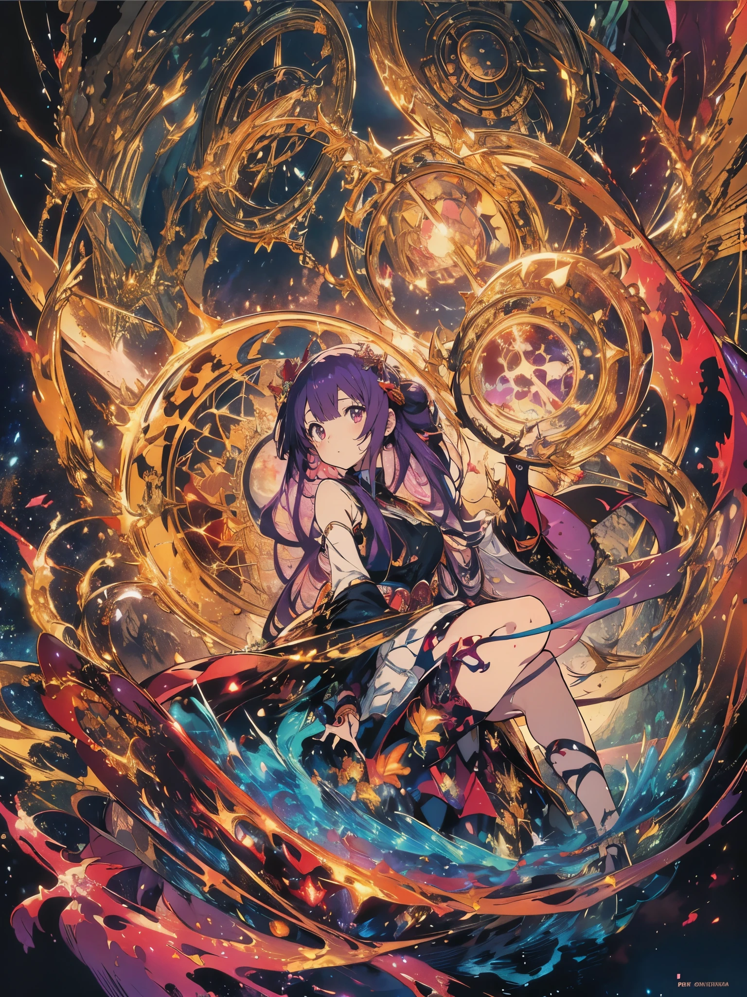 One girl, Beautiful and fine details, Long purple hair, Pale red eyes, Princess Dress, Glowing Skin, resolution, (Anime Style:1.6)High Contrast, ((Mastepiece, highest quality))Vast landscape photography, (View from below with views of the sky and wilderness below), Girl looking up, (full moon: 1.2), (shooting star: 0.9), (nebula: 1.3), Distant Mountain, Treebreak Production Art, (Warm light source: 1.2), (fire Fly: 1.2), Purple and Orange, Intricate details, Volumetric Lighting, Realism Break (Mastepiece: 1.2) (highest quality), 4k, Super detailed, (Dynamic Configuration: 1.4), Extremely detailed and colorful, (Iridescent colors: 1.2), (Brilliant lighting, Ambient lighting), dream-like, Magic, (alone: 1.5) Perfect Fingers