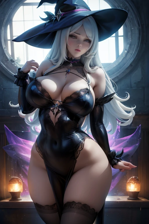 a beautiful witch with big breasts in a suggestive pose, wearing a sexy dress, highly detailed, cinematic lighting, photorealistic, 8k, masterpiece