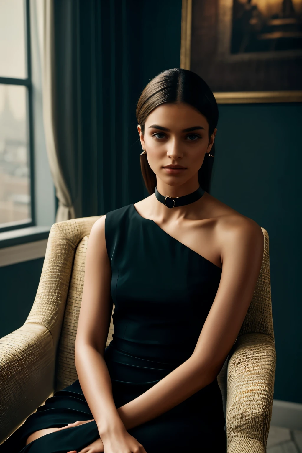 In this photograph, an Indian Instagram female model in her mid-20s sits elegantly in a luxury chair, commanding attention. The background, a 5-star hotel setting, adds to the moody ambiance of a private study. Captured by Lee Jeffries with a Nikon D850 and 4 Kodak Portra 400 film stock, the image boasts rich colors, hyper-realistic details, and lifelike textures. The model wears a stylish orangeish yellow black with white stripes combination dobby weave self-design fit & flare dress, featuring a sweetheart neck, short puff sleeves, and tie-up detail on the back, enhancing its allure.

The dress flows gracefully above the knee with a flounce hem, crafted from chiffon fabric with an attached lining for comfort. Completing the aesthetic, the model wears a slave collar with a chain around her neck, adding an edgy contrast to the elegant ensemble. Meticulously captured in 8K resolution using cutting-edge techniques such as Cinema 4D and Octane Render, the photograph exudes a highly detailed and photorealistic quality. Studio lighting, HDR, and a smoky mist further enhance the captivating ambiance, while the bokeh effect adds an artistic touch to the composition.