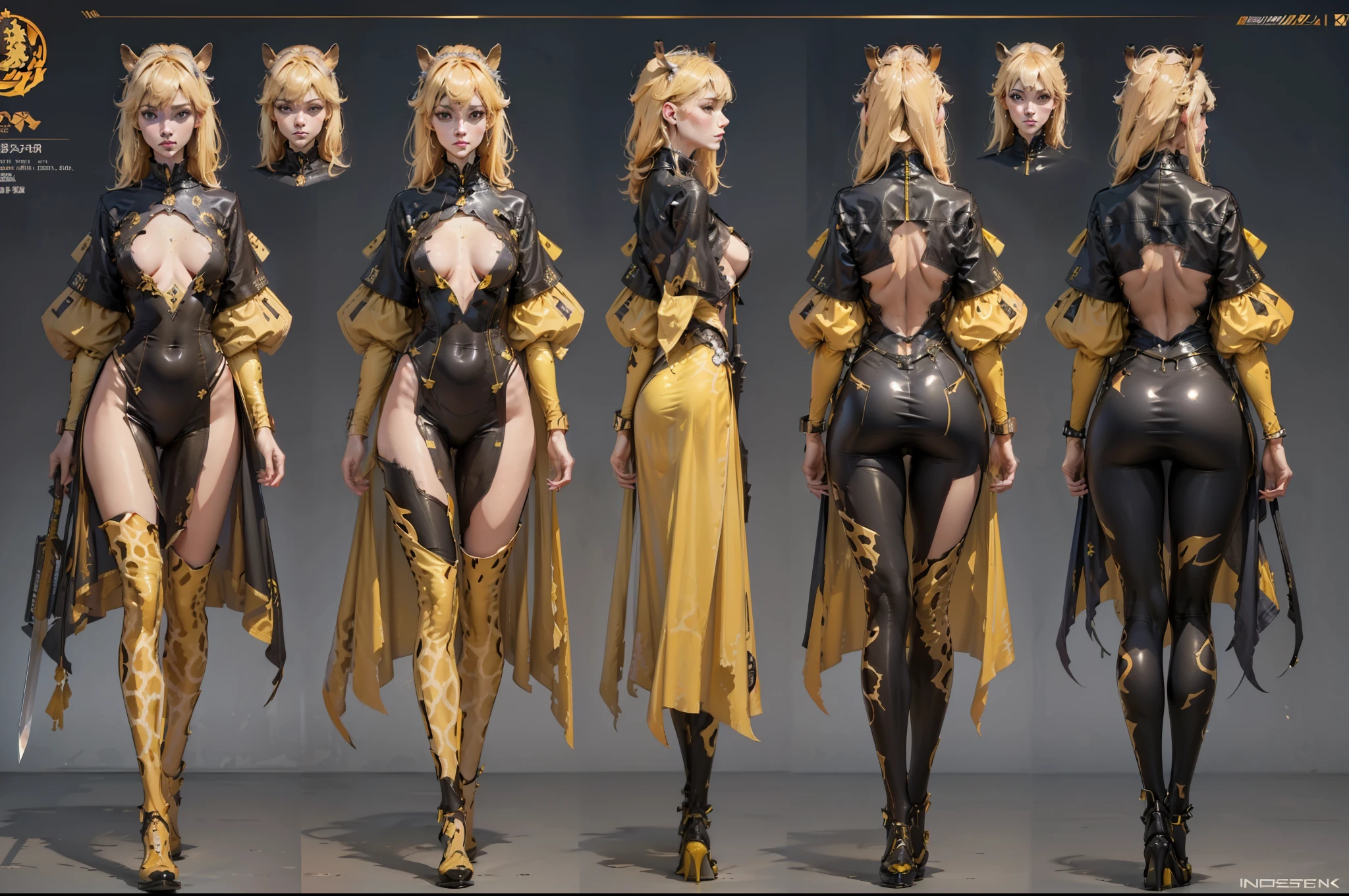 ((Masterpiece, Highest quality)), Detailed face, character design sheet full bodyesbian, Full of details, frontal body view, back body view, Highly detailed, Depth, Many parts, a (giraffe pattern outfit) yellow and black outfit,sword,beautiful cyberpunk woman