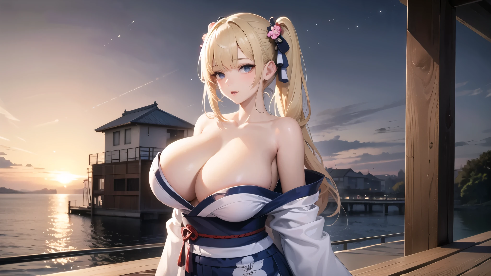 (((masterpiece, best quality))), (((superior quality))), cute girl, ((extremely detailed girl)), ((huge breasts)), (yukata), (bare shoulders), strapless top, twin-tail blonde, erotic expression