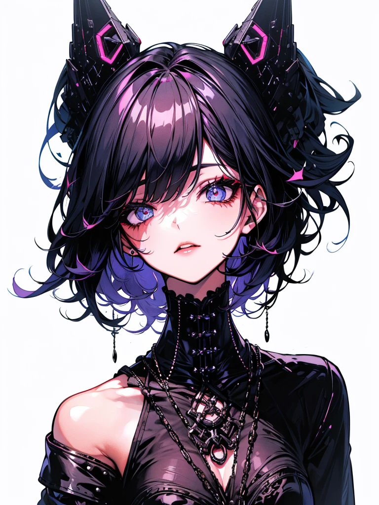 Chica alta vestida de Body futuristico violeta negro con cadenas brillosas vistosas. Collarcadenas de 3 vueltas con candado de dige. vestido de negro. Rojo colorada roja ella tiene el pelo rojo y tiene de ojos verdes se prepara para su amo ella la esclava de su amado ama ponerse cadenas al cuerpo es boluptuosa la chica va ensima de la moto cyberpunk connsu casco de gato y cola