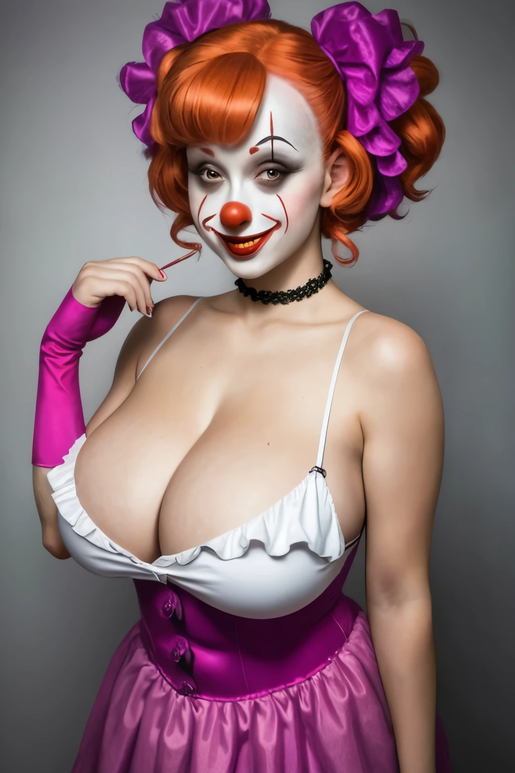 A creepy female clown with big breasts