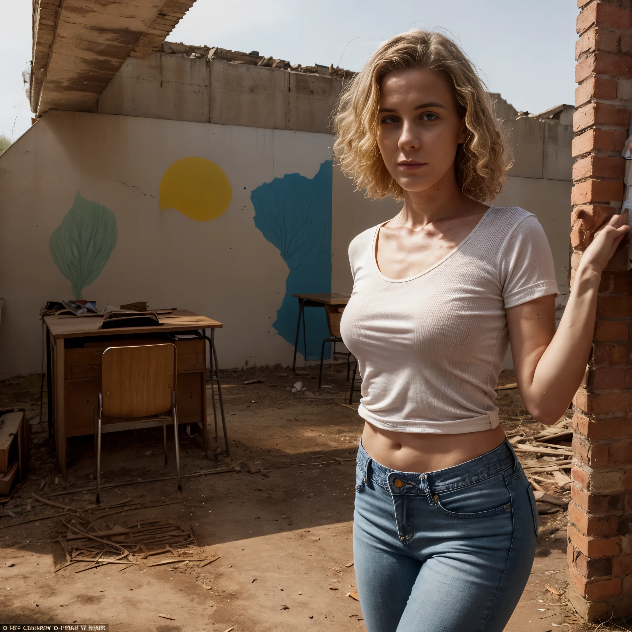 "A crumbling, empty school in France with broken desks and faded murals, where nature slowly reclaims the playground, is a ghostly abandoned liminal space explored by LaGermania, a 27-year-old blond woman with curly hair, wearing a striped shirt and jeans, as the summer sun sets."
