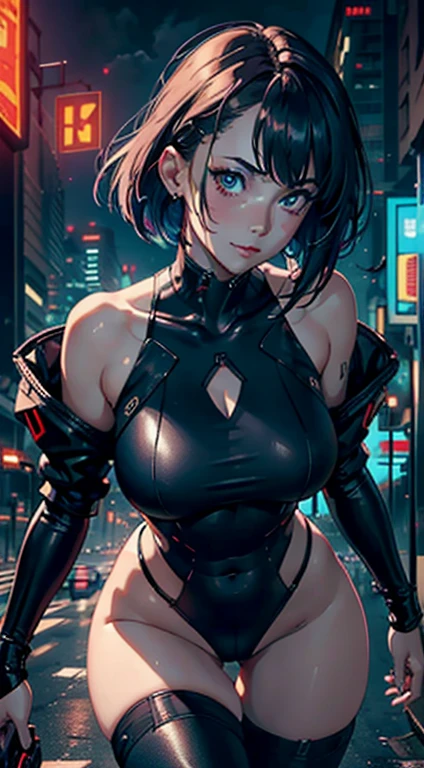 (masterpiece), best quality, expressive eyes, perfect face, 1female, face feature is like lucy from cyberpunk edgerunners , front facing camera, 25 years old，perfect breasts，wearing off-shoulder jacket and leotard like lucy in cyberpunk edgerunners, body facing front, Pornographic exposure，（Background with：cyberpunk skyline ） hair is exactly like Lucy on cyberpunk edgerunners，hail，Big chest， image taken From the front side，Petting the ，mostly cloudy sky，（tmasterpiece），（Very detailed CG unity 8K wallpaper），best quality，cinematic lighting，detailed background，beautiful detailed eyes，Bright pupils，（Very fine and beautiful），（Beautiful and detailed eye description），ultra - detailed，facing at camera，A high resolution，ultra - detailed），Sex slaves，standing on your feet，Smiling，Flushed complexion，is shy, Chest sagging，Camel toes，extremely large bosom，Extremely colorful，Most detailed，head to thighs photo，The face is well lit, costume is influenced by cyberpunk edgerunners but with lewd elements and sexiness, symmetrical costume feature, kitsch style costume, bare shoulders, augment traces in skin like in edgerunners, costume color is red with white linings and accents