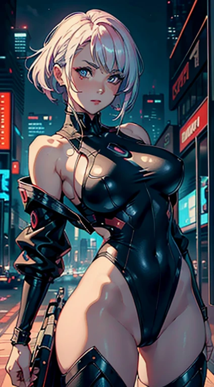 (masterpiece), best quality, expressive eyes, perfect face, 1female, face feature is like lucy from cyberpunk edgerunners , front facing camera, 25 years old,perfect breasts,wearing off-shoulder jacket and leotard like lucy in cyberpunk edgerunners, body facing front, Pornographic exposure,(Background with:cyberpunk skyline ) hair is exactly like Lucy on cyberpunk edgerunners,hail,Big chest, image taken From the front side,Petting the ,mostly cloudy sky,(tmasterpiece),(Very detailed CG unity 8K wallpaper),best quality,cinematic lighting,detailed background,beautiful detailed eyes,Bright pupils,(Very fine and beautiful),(Beautiful and detailed eye description),ultra - detailed,facing at camera,A high resolution,ultra - detailed),Sex slaves,standing on your feet,Smiling,Flushed complexion,is shy, Chest sagging,Camel toes,extremely large bosom,Extremely colorful,Most detailed,head to thighs photo,The face is well lit, costume is influenced by cyberpunk edgerunners but with lewd elements and sexiness, symmetrical costume feature, kitsch style costume, bare shoulders, augment traces in skin like in edgerunners, costume color is red with white linings and accents
