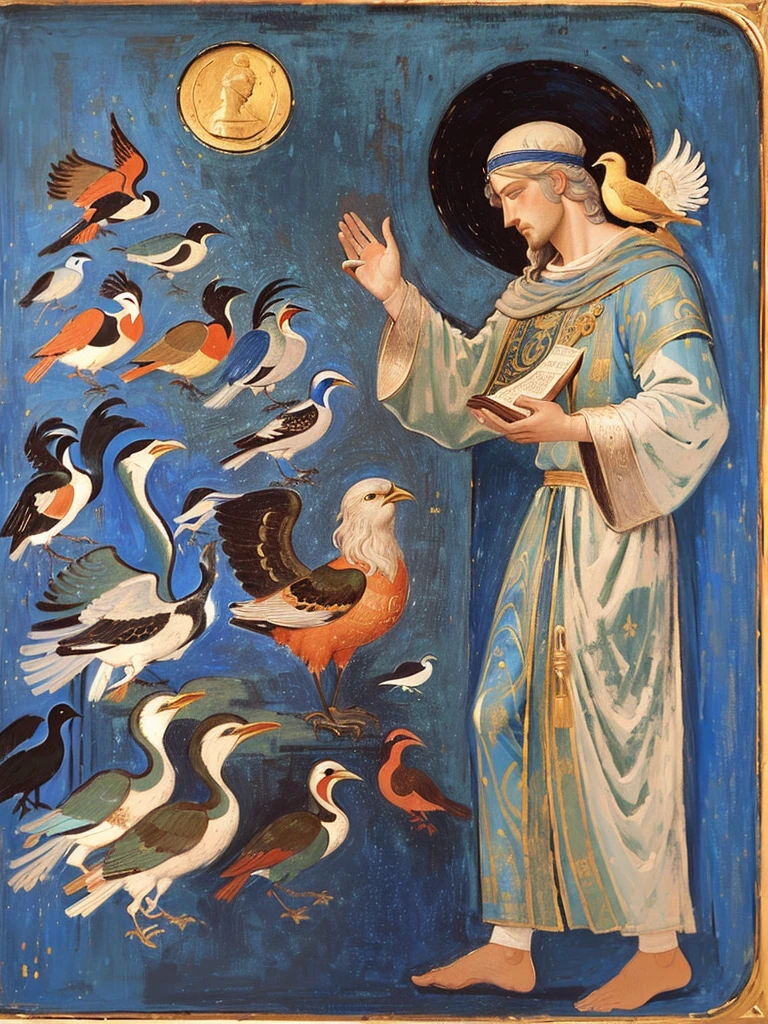 Arafed: painting of a man with a bird in his hand, Pietro Lorenzetti, inspired Pietro Lorenzetti, Duccio, Taddeo Gaddi, Quirisio di Giovanni da Murano, inspired Taddeo Gaddi, by Cimabue, Simone Martini, Christian Saint Rosace, Giotto, Fra Angelico
