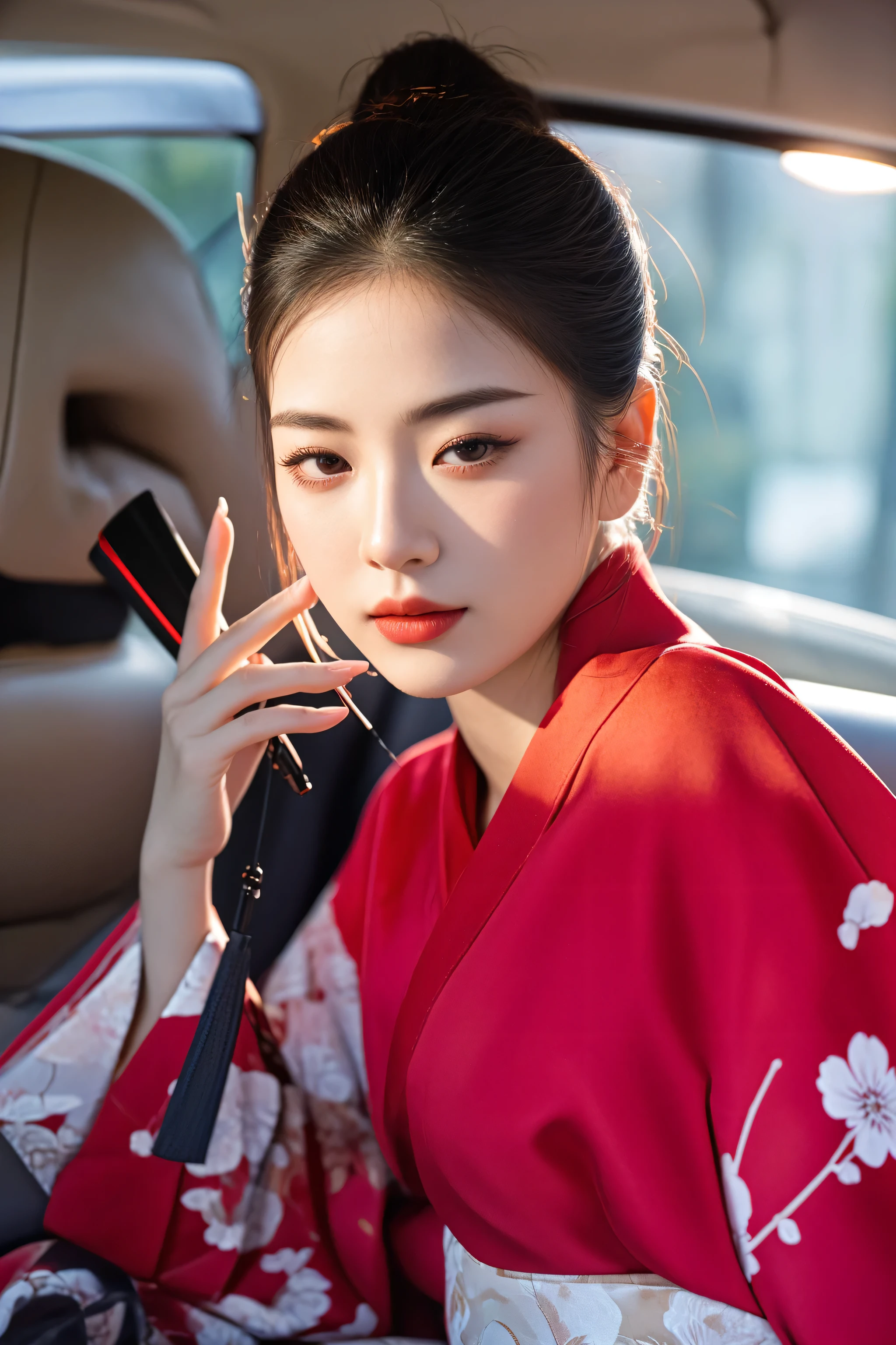 araffe woman in a red kimono sitting in a car talking on a cell phone, elegant japanese woman, in kimono, beautiful south korean woman, red kimono, wearing a red cheongsam, wearing kimono, popular south korean makeup, in a kimono, korean woman, red kimono with flower patterns, beautiful young korean woman, japanese woman, wearing royal kimono