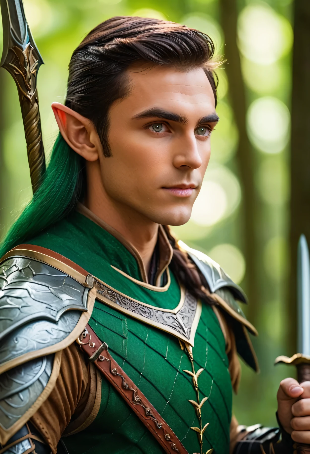 Professional photography for an elite magazine, an Elf warrior in gorgeous armor with intricate green painting, an Elf warrior posing with an elf sword in the shade of forest trees, an Elf warrior looking at the viewer with slightly narrowed eyes, A Canon EOS R5 camera with a Canon RF lens 100-500 mm F4.5-7.1L IS USM, 500 mm, 1/500 sec., f/7.1 and ISO 1000.