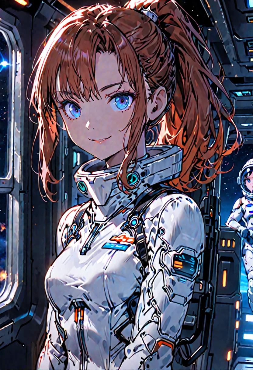 medium shot, female, sfw, spaceship, space landscape, bright, warm atmosphere, long hair, auburn hair, blue eyes, intricate artificial limbs, small breasts, hallway, window, ponytail, spacesuit, bulky equipment, bulky suit, close up, bright smile