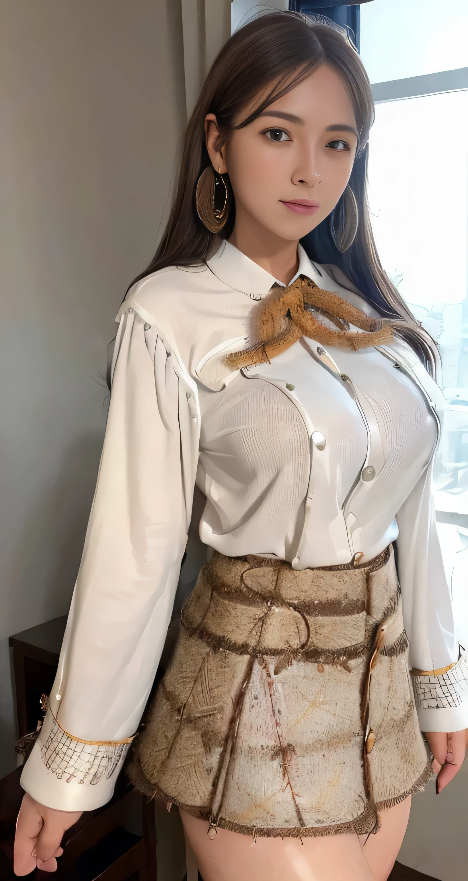 Marian Rivera, feet, Captivating smile, Closed clothes, Proper attire, The face of beauty , The body is slim , Abdominal muscles:1.4, 30 years old, ((1 girl, alone)), ((whole body)), ((Huge breasts:1.3)), Breastfeeding A. to, (hair, RAW Photos, highest quality, Masterpiece l1.4), (Realistic, photo-Realistic:1.37), (micro:1.4), Expose , ((diamond nechairlace)), Earrings, glamorous, white shairin, ((At Luxury Hall), loohair at viewers, Wavy brunette hair, Long Hair, (Lighting), Dynamic pose, (), ((Beautiful Eyes), erotic, High resolution, Very detailed, Ambient Occlusion, nature, Harmonious composition, Artistic photography, beauty , Excellent ???????, Expose detail、((White long sleeve buttoned blouse_Brown tweed mini skirt:1.3)),