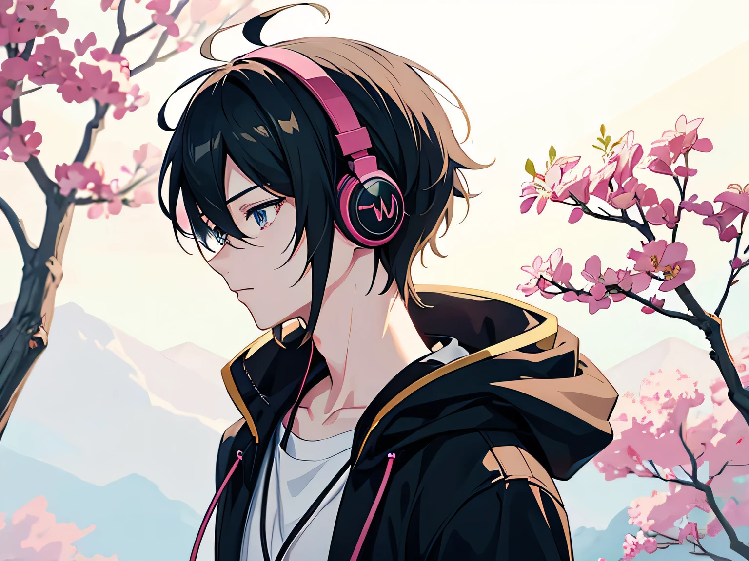 anime boy listening to music with headphones and flowers in the background, anime style 4 k, nightcore, beautiful anime portrait, anime vibes, beautiful anime style, beautiful anime boy, anime style. 8k, high quality anime artstyle, digital anime art, anime style portrait, portrait anime boy, with headphones, anime style artwork, anime girl, cute anime boy