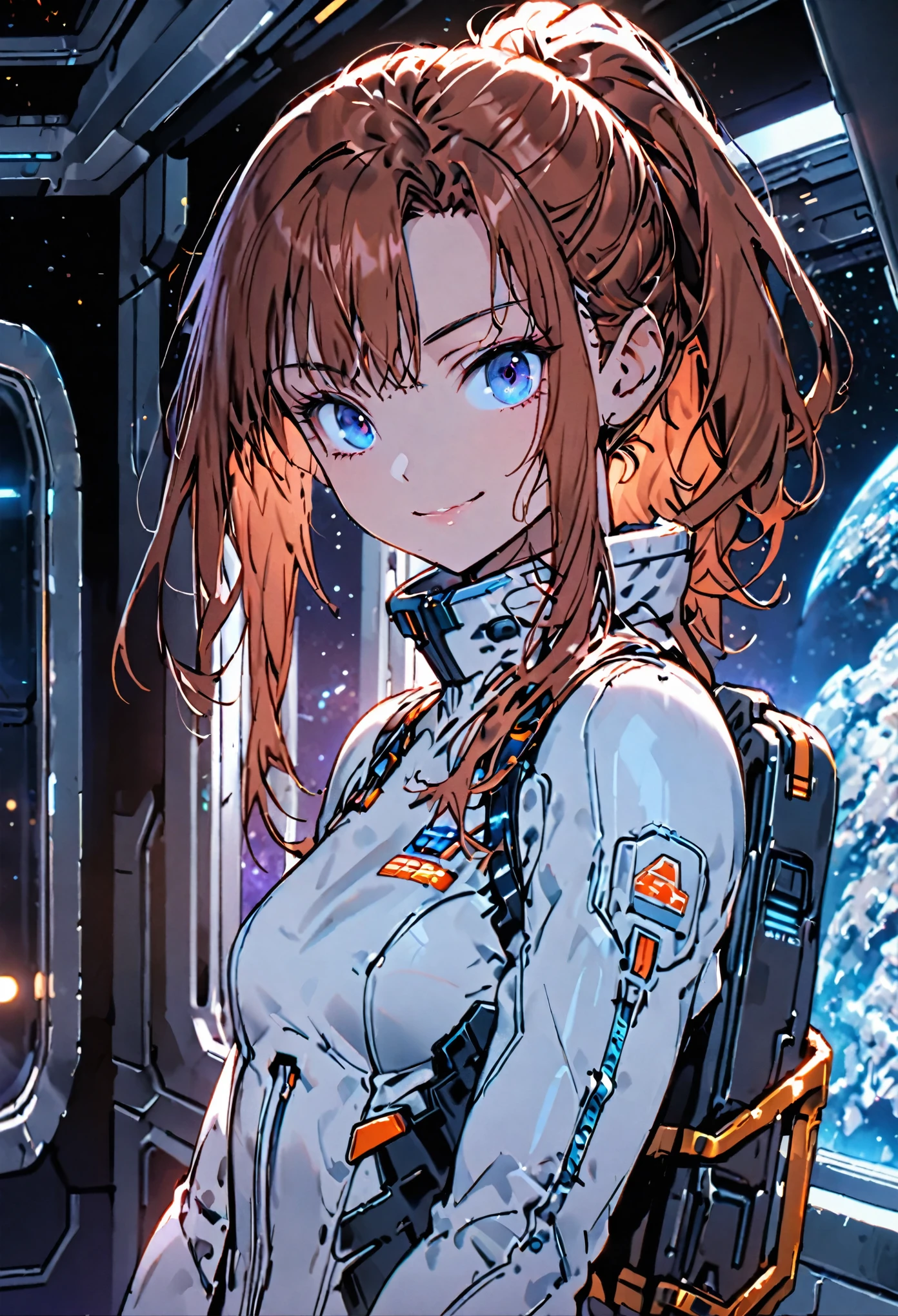 medium shot, solo, female, sfw, spaceship, space landscape, bright, warm atmosphere, long hair, auburn hair, blue eyes, intricate artificial limbs, small breasts, hallway, window, ponytail, spacesuit, bulky equipment, bulky suit, close up, bright smile