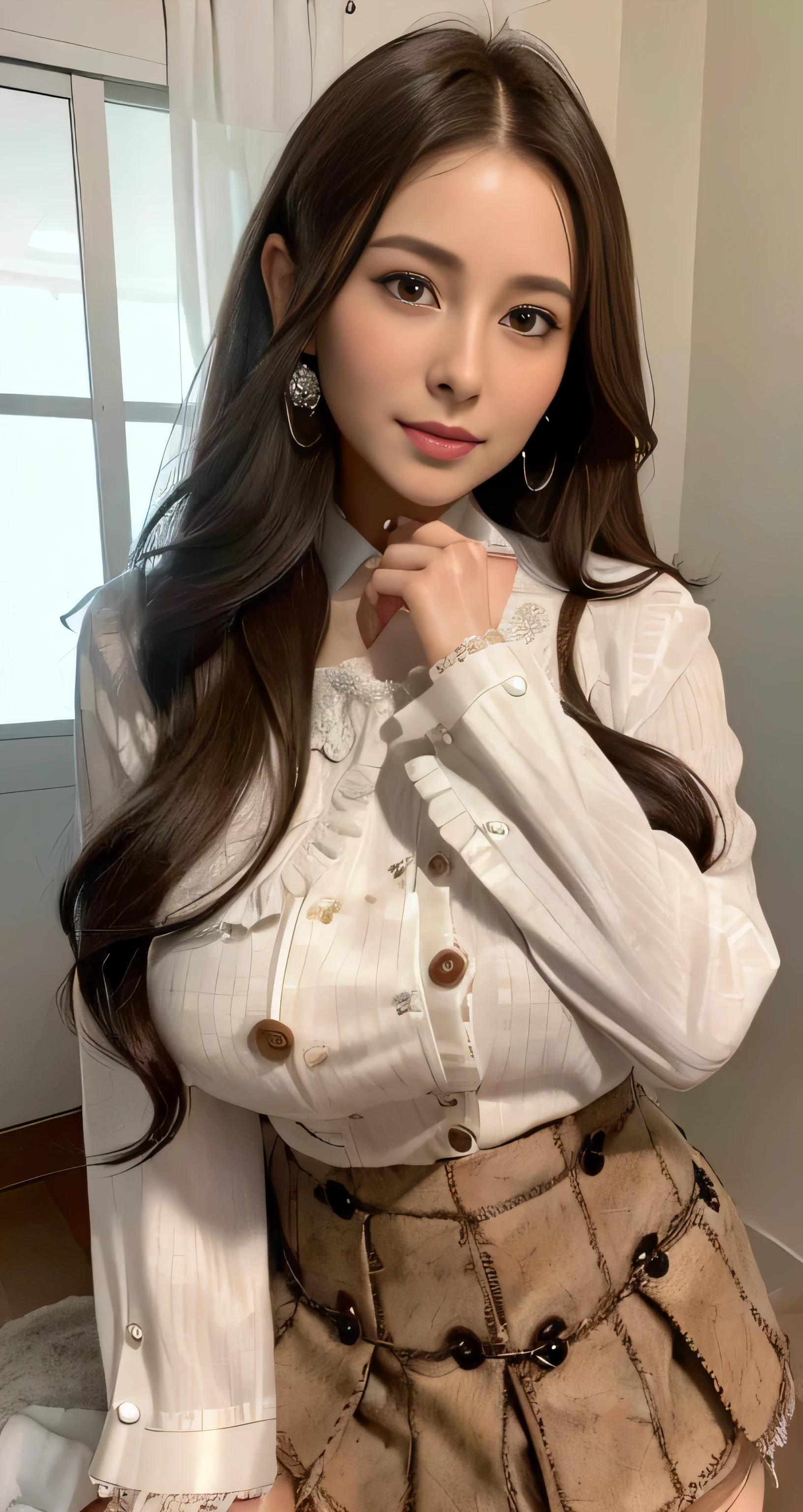 Marian Rivera, feet, Captivating smile, Closed clothes, Proper attire, Beauty face , The body is slim , Abdominal muscles:1.4, 30 years old, ((1 girl, alone)), ((whole body)), ((Huge breasts:1.3)), Breastfeeding A. to, (hair, RAW Photos, highest quality, Masterpiece l1.4), (Realistic, photo-Realistic:1.37), (micro:1.4), Expose , ((diamond nechairlace)), Earrings, glamorous, white shairin, ((At Luxury Hall), loohair at viewers, Wavy brunette hair, Long Hair, (Lighting), Dynamic pose, (), ((Beautiful Eyes), erotic, High resolution, Very detailed, Ambient Oc((White long sleeve buttoned blouse_Brown tweed mini skirt:1.3)),、White long sleeve button up blouse_With collar_Remove up to the second button_Brown pleated mini skirt、((Place your left hand gently on your chin:1.3))