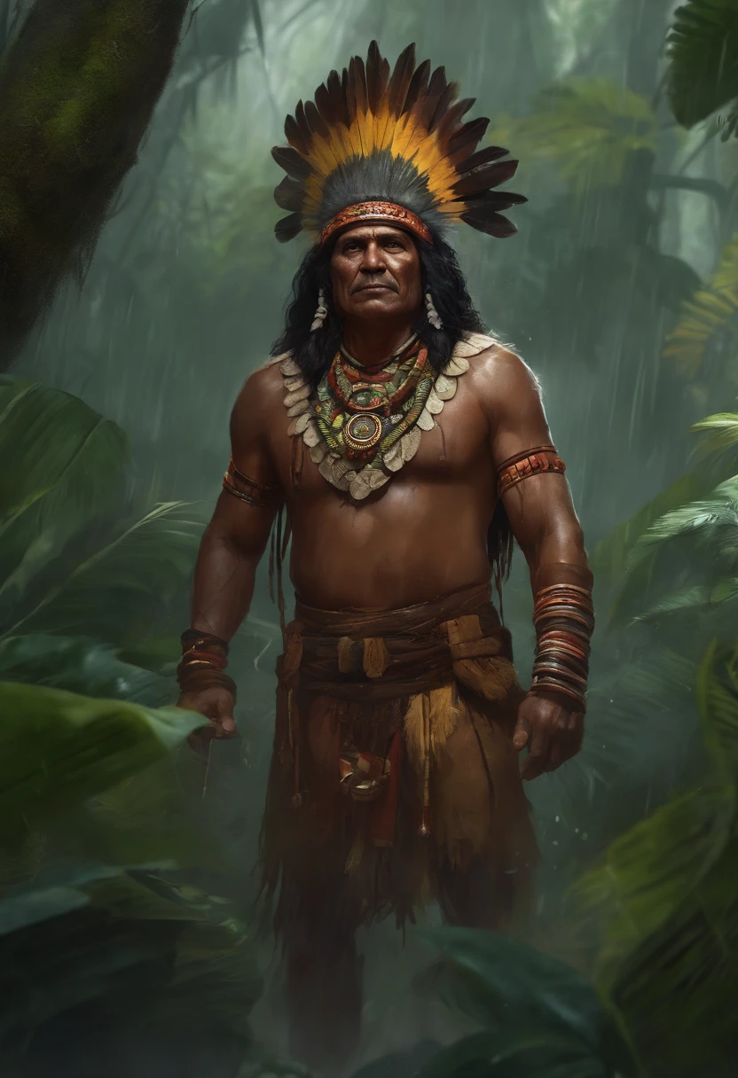 Closer Up Old Aztec male indigenous shaman leader on the jungle under the rain surrounded by teibe members, art by greg rutkowski, Charlie Bowater, artstation, highly detailed, magic the gathering art, fantasy, 4k