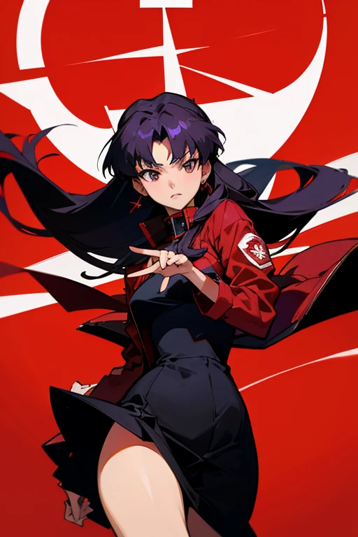 Misato Katsuragi in a red jacket and black dress