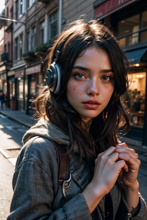 ((best quality)), ((masterpiece)), (detailed), perfect face (Female homeless with sexy body, tattoo, wearing worn clothes, wearing headphone, holding her head at streetwalk) ,charming, highres, sad face, beautifull face, blue eyes, beautifull nose, raytracing, beautifull fingers, pretty fingers, (4 fingers and 1 thumb in 1 hand), focused picture, (blurry street background), masterpiece, best quality:1.2),,(8k,highres,RAW photo,realistic,photo-realistic:1.3),(detailed skin texture,detailed cloth texture,beautiful detailed face:1.25),professional lighting,photon mapping,beautiful soft light,radiosity,physically-based rendering,raytracing, model shoot style, model shoot style, (extremely detailed CG unity 8k wallpaper), full shot body photo of the most beautiful artwork in the world,