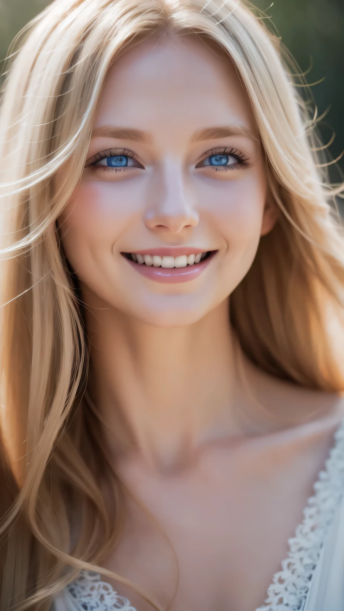 Blonde woman's face, radiant smile, sparkling blue eyes, flowing golden hair, delicate features, joyful expression, natural beauty, close-up portrait, high-resolution digital painting, soft pastel color palette, warm and inviting lighting, ethereal and dreamy atmosphere.