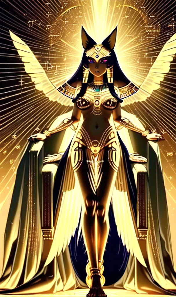 a beautiful egyptian goddess bastet, cat goddess, woman with cat ears and tail, detailed face and expression, elegant intricate headdress, long flowing hair, shimmering golden ornaments, intricate ancient egyptian jewelry, graceful posture, detailed feathered wings, glowing divine aura, hyper detailed, cinematic lighting, masterpiece, photorealistic, 8k, dramatic lighting