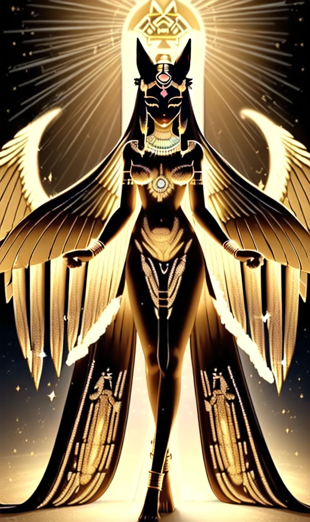 a beautiful egyptian goddess bastet, cat goddess, woman with cat ears and tail, detailed face and expression, elegant intricate headdress, long flowing hair, shimmering golden ornaments, intricate ancient egyptian jewelry, graceful posture, detailed feathered wings, glowing divine aura, hyper detailed, cinematic lighting, masterpiece, photorealistic, 8k, dramatic lighting