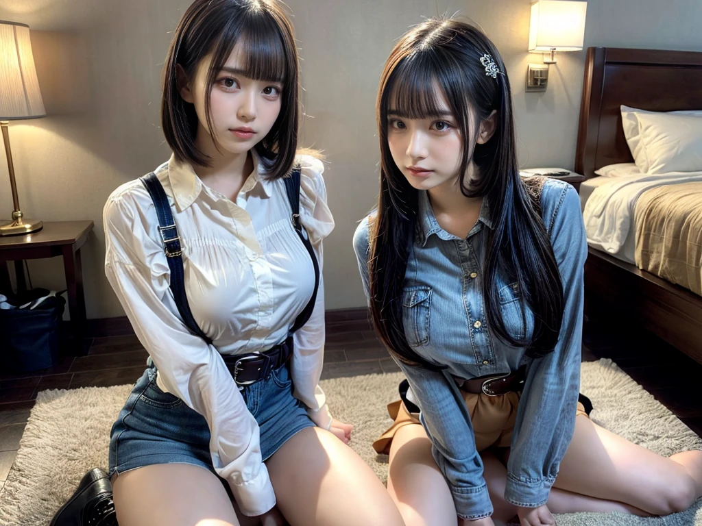 master piece, best quality, illustration, Super detailed, fine details, High resolution, 8K,wall paper, perfect dynamic composition,(Details High quality, realistic depiction of eyes:1.3),((2 girls)), (Fashionable, a belt black suspenders, Aside Cutter Shirt, a miniskirt, garterbelts), short bob hair, Colossal tits、Don't expose it,Protruding big, black hair color, Big Natural Color Lip, (perfect body shape), Touching each other's bodies,Touching the body of the girl next door,crying a little、cold gaze, Harajuku style、20 year old girl、beautiful legs, hotel room, Gravure Idol, Voluptuous thighs, (woman on top, straddling, sitting)