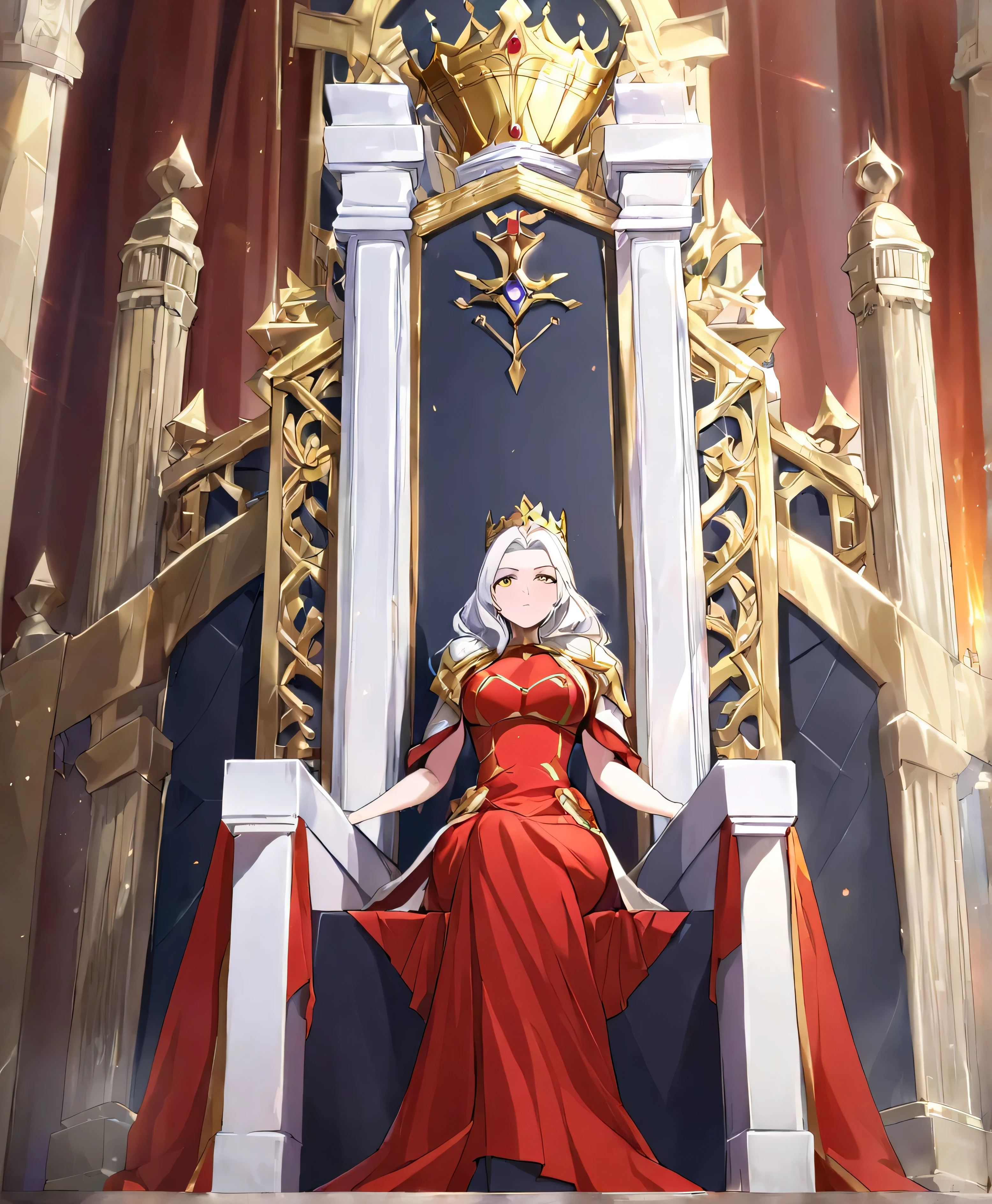 ((best quality)), ((best resolution)), ((masterpiece)) perfect face, Edelgard((Fire emblem)), beautiful face, perfect body, firm breasts, long red dress, beautiful dress, sitting on the throne, golden throne, small, white hair, detailed hair, detailed face, golden pupils, detailed pupils, golden crown, looking down, camera from below, Inside the palace, dark.