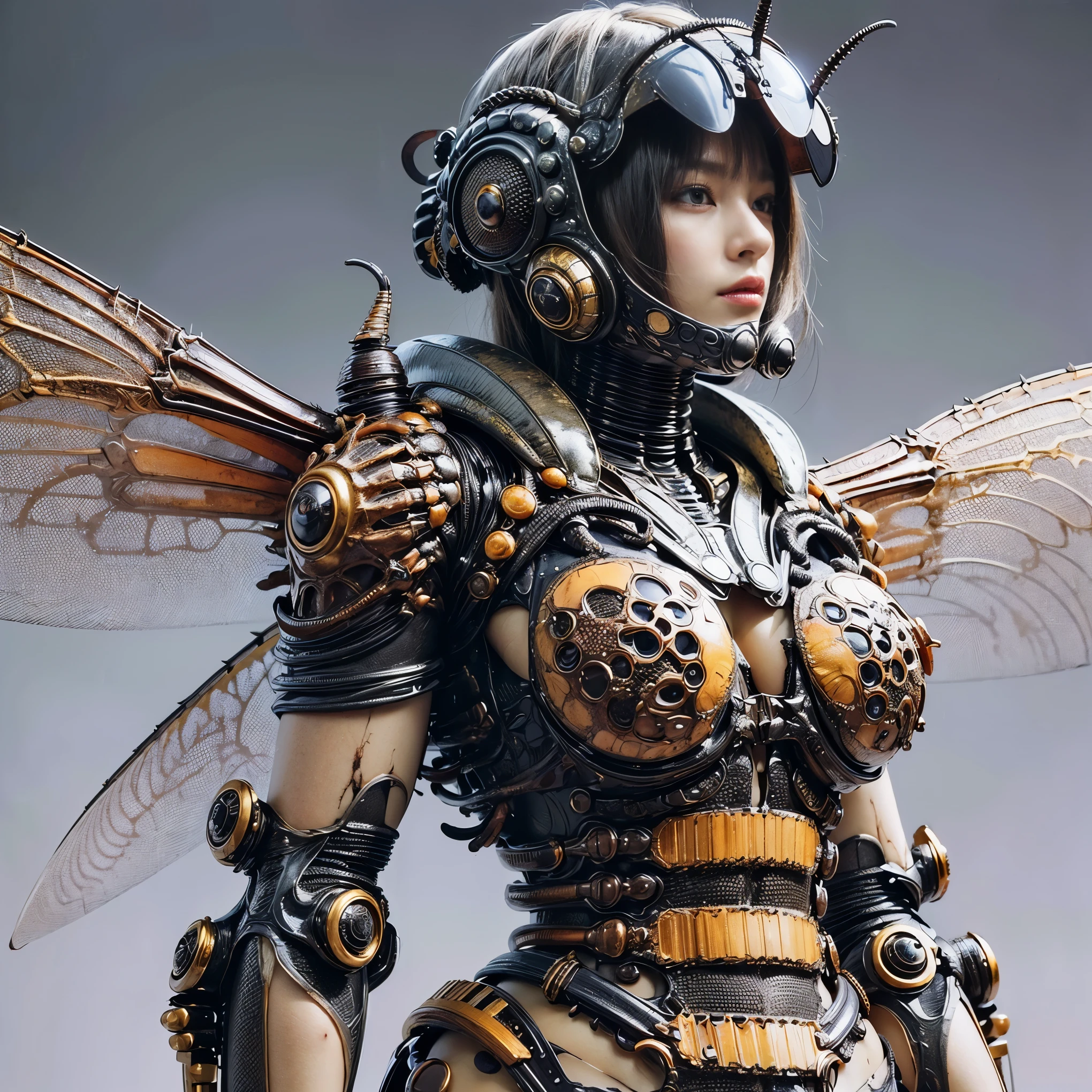 (high resolution,masterpiece,best quality,extremely detailed CG,),(japanese femal soldier), photorealistic,  amazing fine details, all intricate, gloss and shiny,awesome many layers, 8k, ultimately realistic face, villainess, (fusion of cockroach and lady:1.4), (cockroach form lady:1.2), (cockroach lady:1.2), (fusion:1.2), (cockroach exoskeleton bio insect armor:1.4), fighting pose, (whole body picture), dystopia with a beautiful view