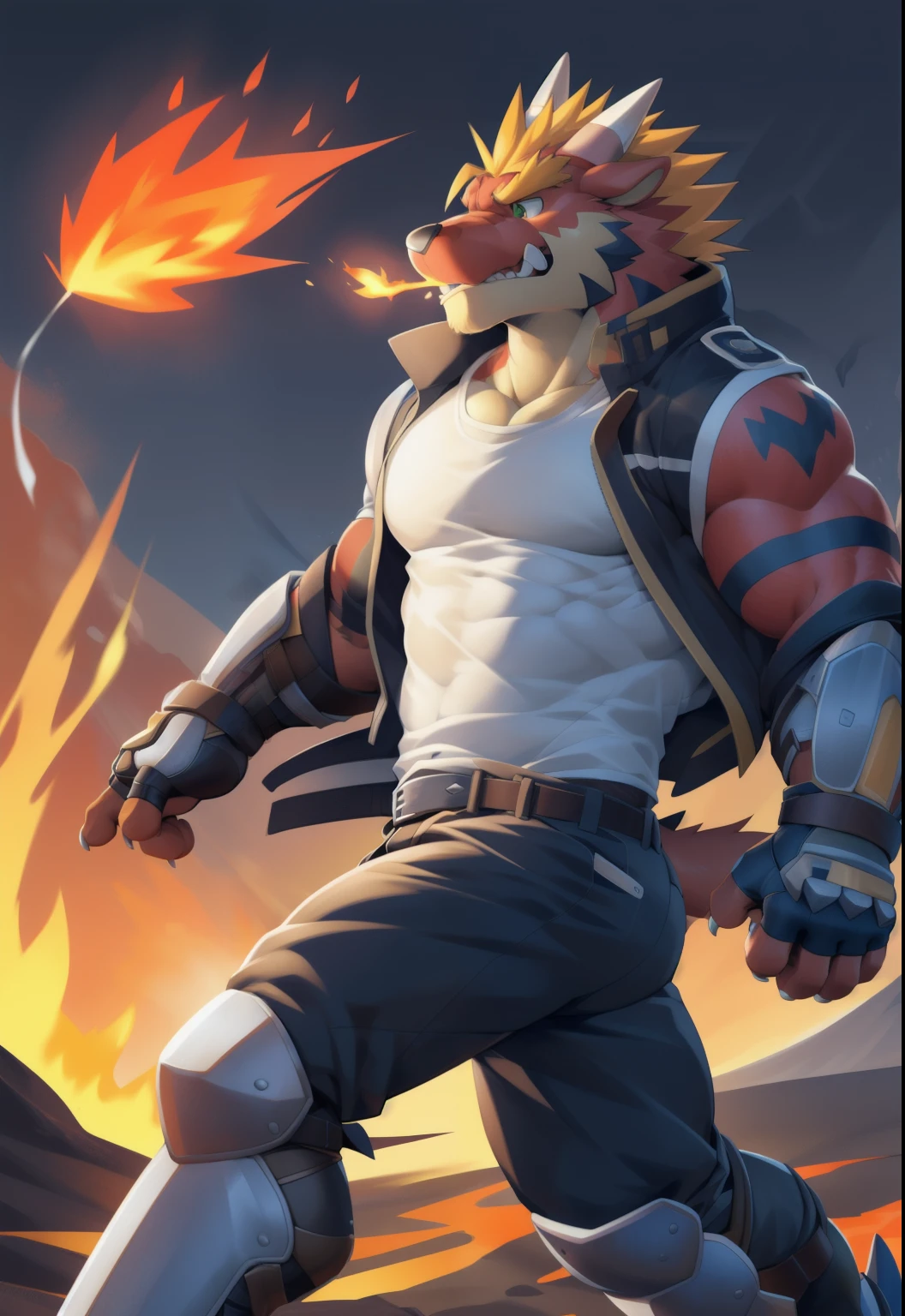 long shot, detailed background, ((inside volcano, (Fire breathing) )), delga, solo, male, anthro, green eyes, detailed eyes, (scowl, nervous, running, ((athletic slim, slim hunk, serious, scared), torned clothes, jacket, shirt, fingerless gloves, bottomwear, pants, (leg armor), )), by null-ghost, by takemoto arashi, by canyne khai