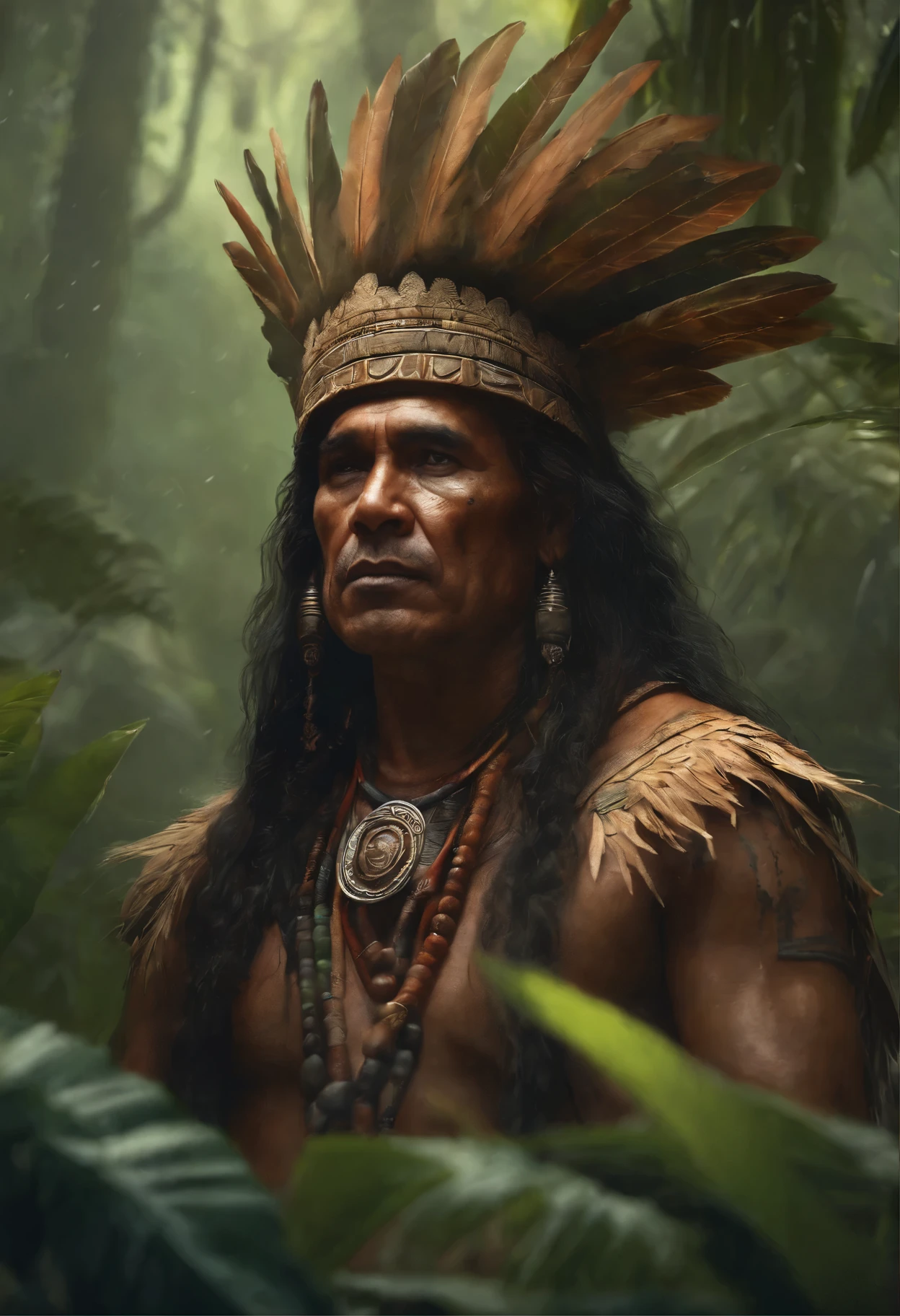 Closer Up Old Aztec male indigenous shaman leader on the jungle under the rain surrounded by teibe members, art by greg rutkowski, Charlie Bowater, artstation, highly detailed, magic the gathering art, fantasy, 4k. Hiperrealismo 