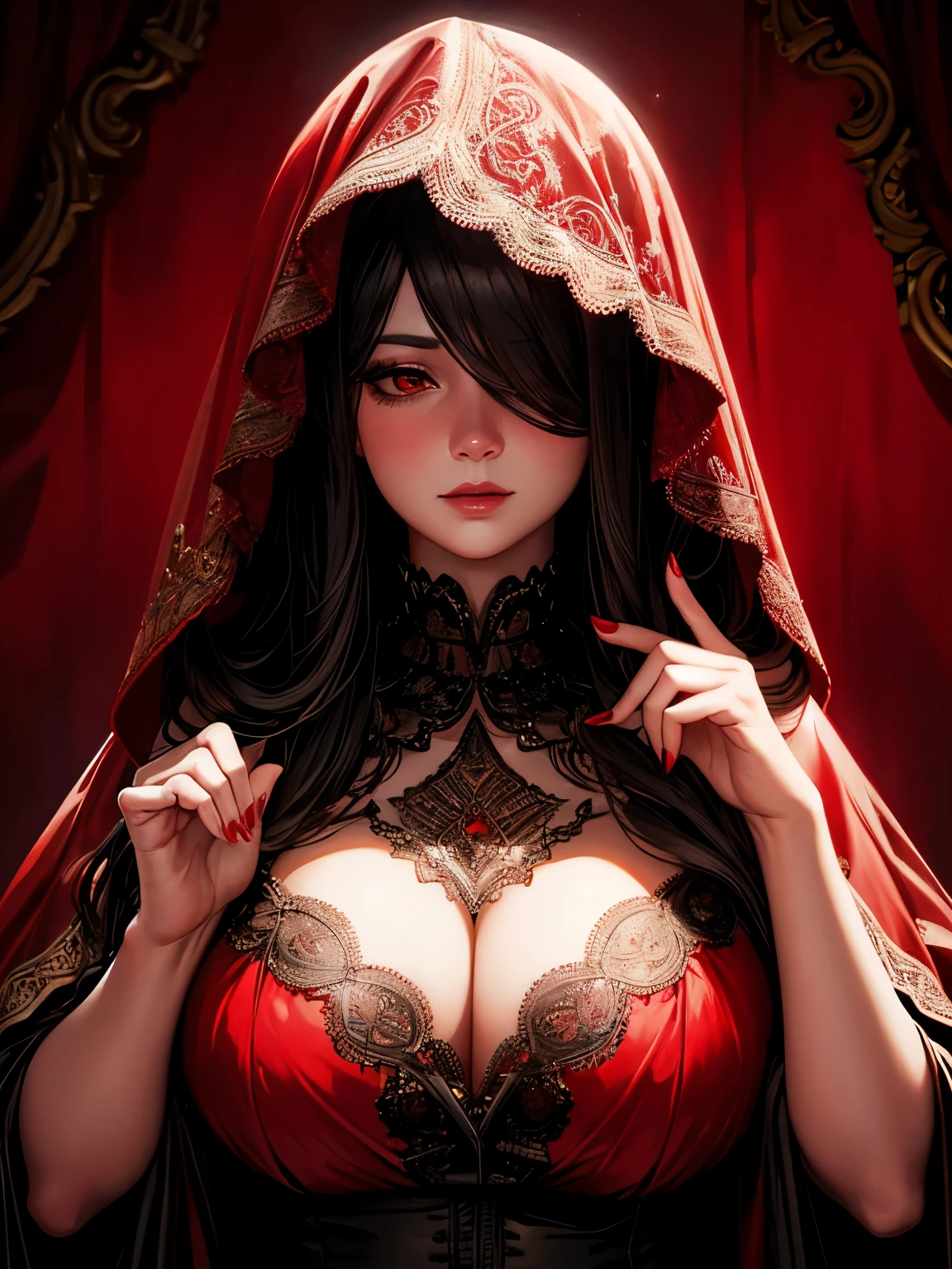 a chubby elegant woman in a red veil covering her eyes, fingers on her lips, long red nails, black background, photo-realistic, high quality, intricate details, oil painting, dramatic lighting, muted colors, mysterious atmosphere