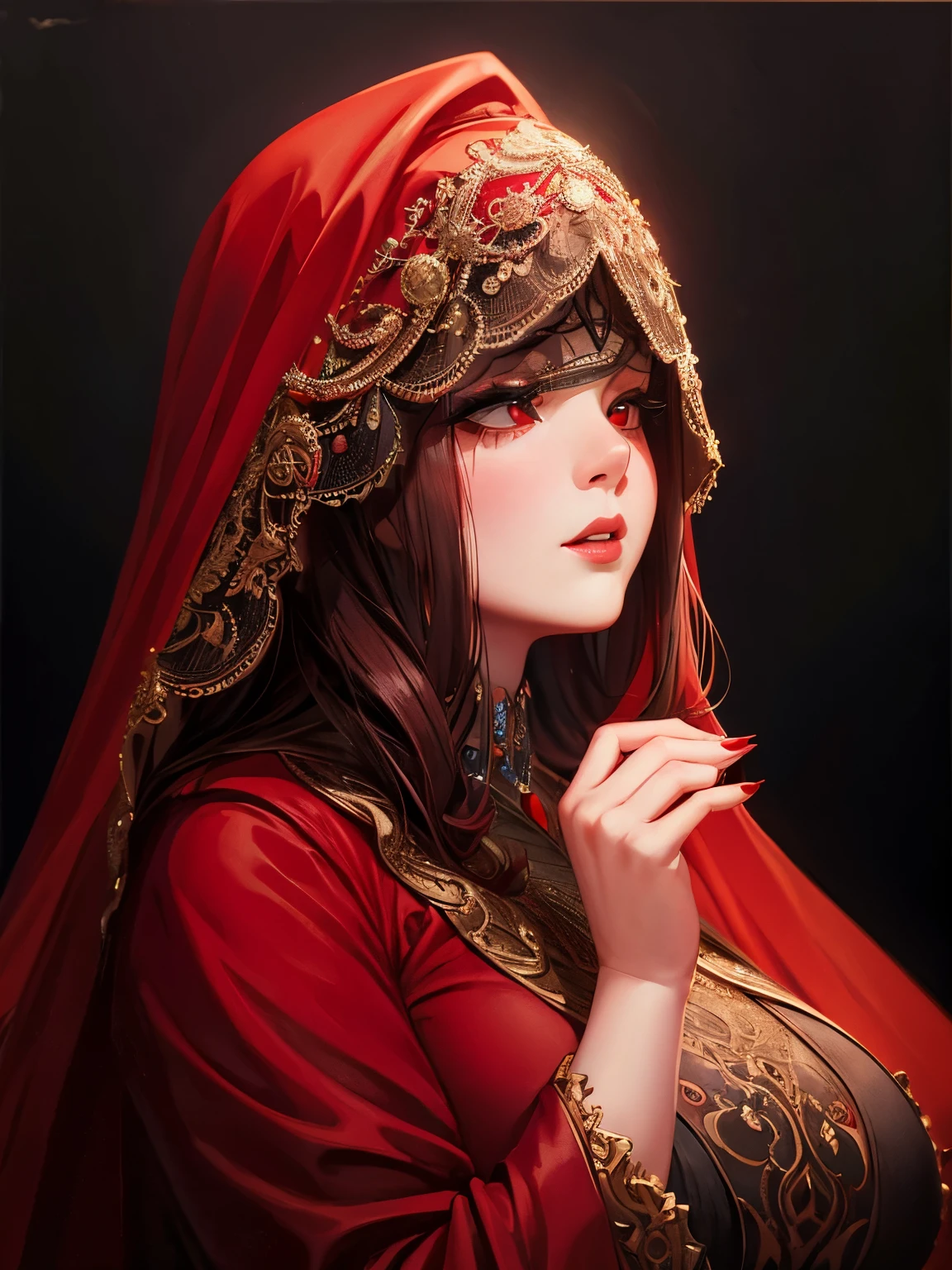 a chubby elegant woman in a red veil covering her eyes, fingers on her lips, long red nails, black background, photo-realistic, high quality, intricate details, oil painting, dramatic lighting, muted colors, mysterious atmosphere