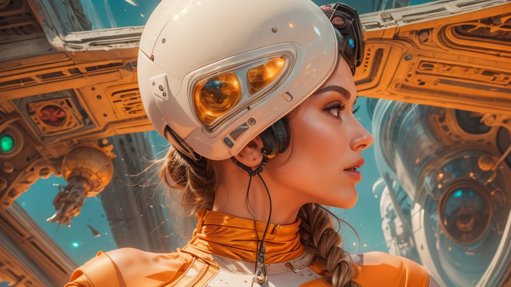 arafed image of a white woman in a futuristic suit with a spaceship in the background, movie art, in front of an orange background, inspired by Robert McGinnis, female protagonist, megastructure in the background, portrait of an ai astronaut, astronauts, an astronaut, portrait of a astronaut skeletor, perfect android girl, detailed eyes, perfectly detailed teeth, frank franzzeta and sakimichan