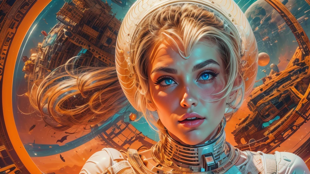 arafed image of a white woman in a futuristic suit with a spaceship in the background, movie art, in front of an orange background, inspired by Robert McGinnis, female protagonist, megastructure in the background, portrait of an ai astronaut, astronauts, an astronaut, portrait of a astronaut skeletor, perfect android girl, detailed eyes, perfectly detailed teeth, frank franzzeta and sakimichan  