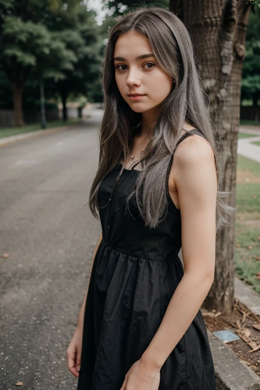 Girl with long gray hair, 17 years old, Annie, wearing a white and black dress 