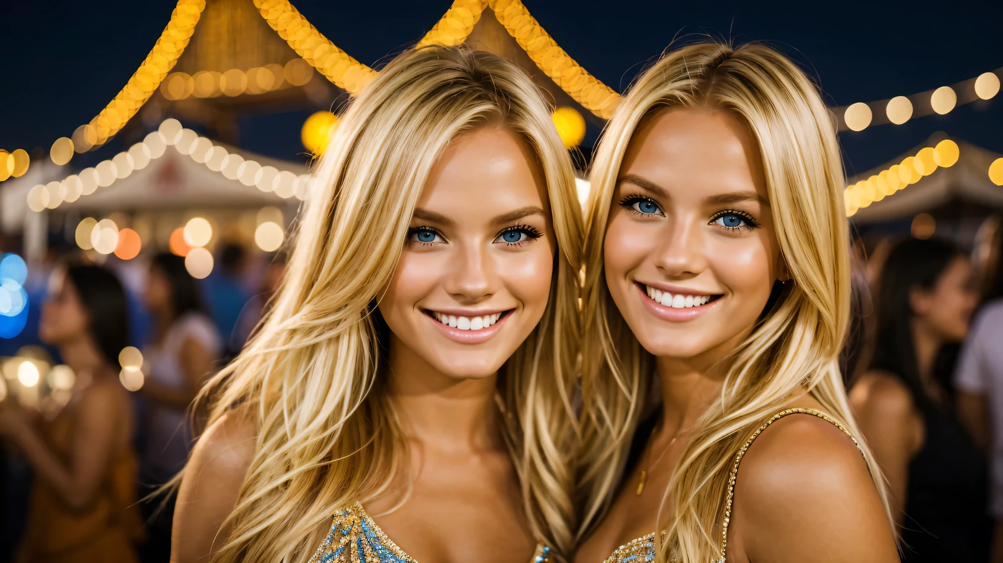 two blond beauitful model girl smiling on a festival at night with beautiful lights