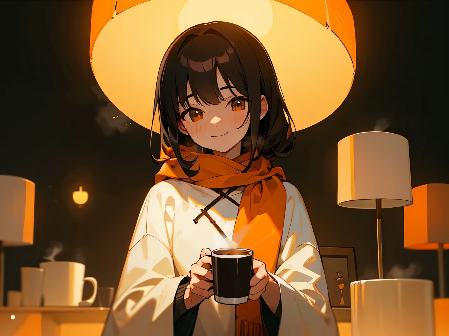20 year old dark-haired woman、Being Calm、gentle light、black background、Coffee、head shot、Lo-Fi Illustration、a relaxing sight、In a warm room、Scarf、hoodie、Steam from a hot drink、I feel relieved、smile、Looks fun、orange lamp shade