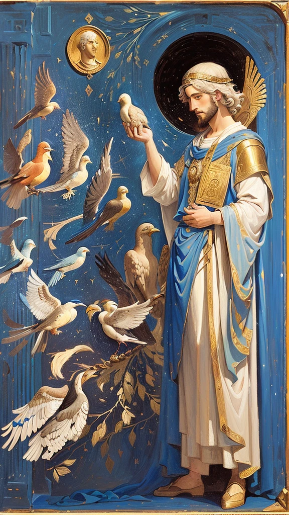 Arafed: painting of a man with a bird in his hand, Pietro Lorenzetti, inspired Pietro Lorenzetti, Duccio, Taddeo Gaddi, Quirisio di Giovanni da Murano, inspired Taddeo Gaddi, by Cimabue, Simone Martini, Christian Saint Rosace, Giotto, Fra Angelico