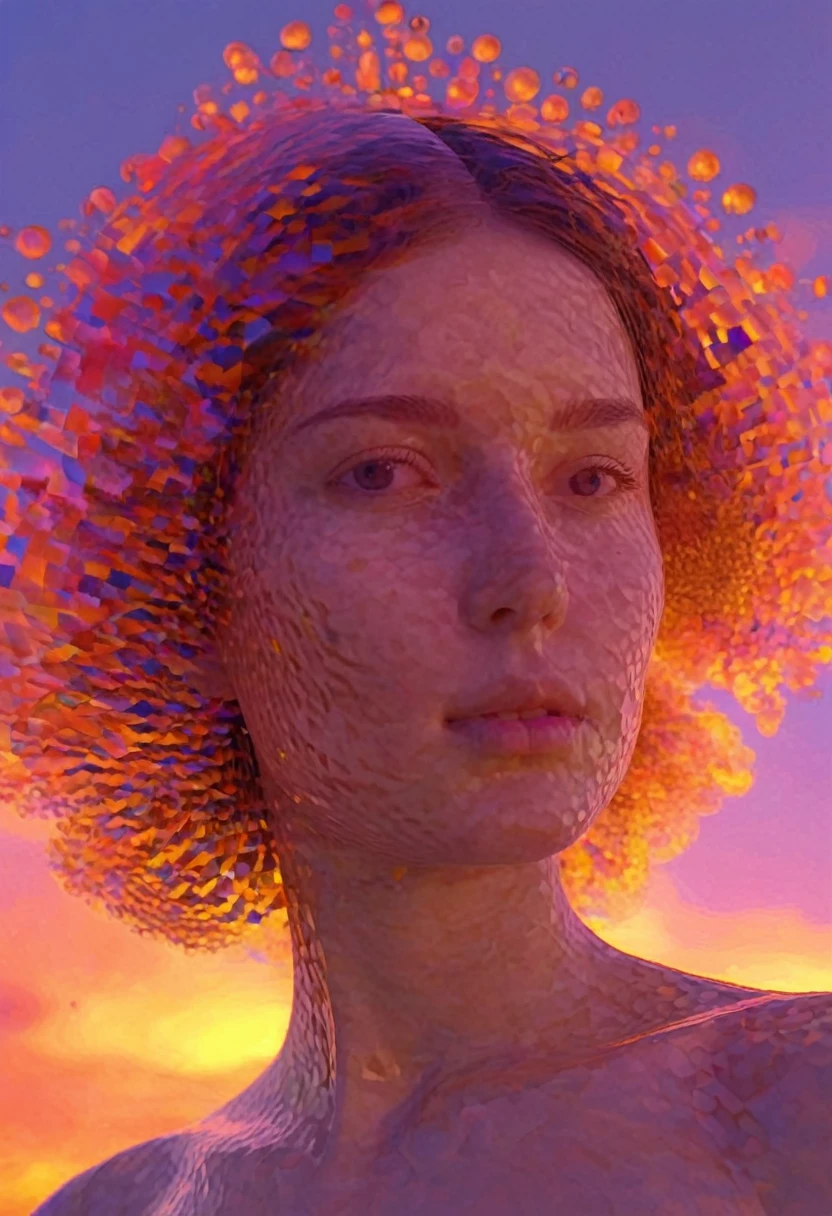 micropixel identity formation fauvism of cloud girl in sunset light, close-up, maximum glitch transformation in double exposure asynchronous diametral lighting in the prismatic shader , micro collaging in object details , splitting into atoms in fractal lumen dispersion ,CGI,Digital-art,1024 K