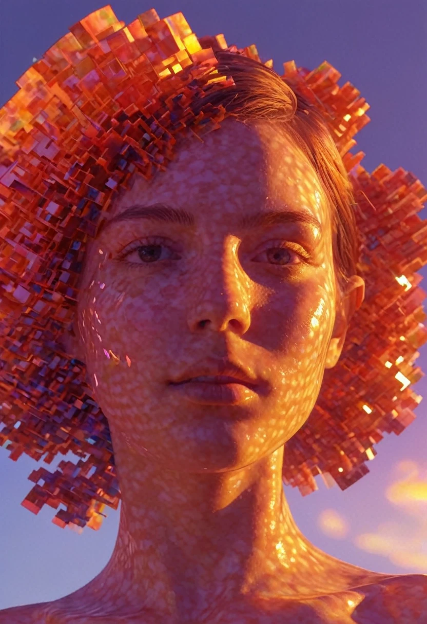 micropixel identity formation fauvism of cloud girl in sunset light, close-up, maximum glitch transformation in double exposure asynchronous diametral lighting in the prismatic shader , micro collaging in object details , splitting into atoms in fractal lumen dispersion ,CGI,Digital-art,1024 K