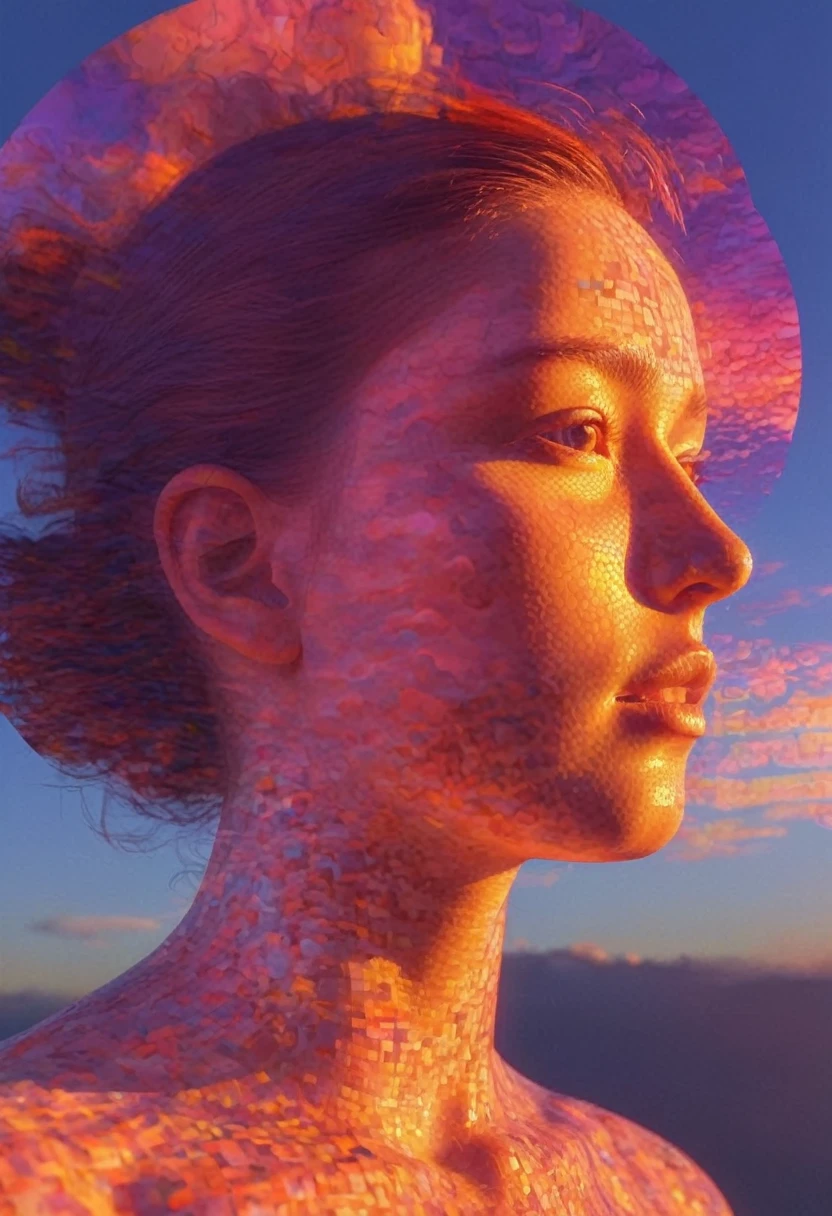 micropixel identity formation fauvism of cloud girl in sunset light, close-up, maximum glitch transformation in double exposure asynchronous diametral lighting in the prismatic shader , micro collaging in object details , splitting into atoms in fractal lumen dispersion ,CGI,Digital-art,1024 K