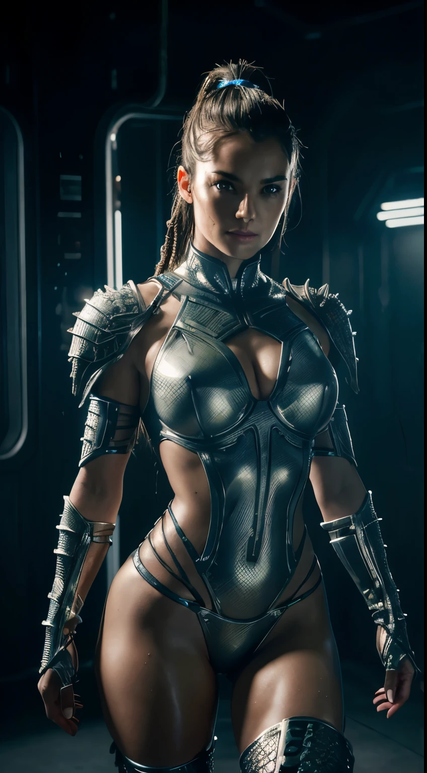 ((Female Predator)) from the movie "Predator",cyberpunk character, silvery-white armor, (Armor made of metal crocodile skin.),Hi-tech, (Smirk), ((sexy pose, sexy dressed)), 8 k, (skin texture:1.1), (Sweaty body 1.1), (Skin shine 1.1), (very detailed face:1.1), High detail of the body, Very detailed clothes, (masterpiece), (realistic), ultra high resolution, 8 k, ultra high resolution, granularity, cinematic lighting, rim lighting, photo by Arnie Freytag