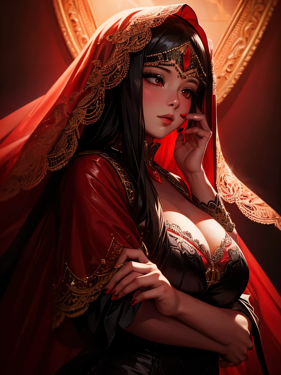 a chubby elegant woman in a red veil covering her eyes, fingers on her lips, long red nails, black background, photo-realistic, high quality, intricate details, oil painting, dramatic lighting, muted colors, mysterious atmosphere