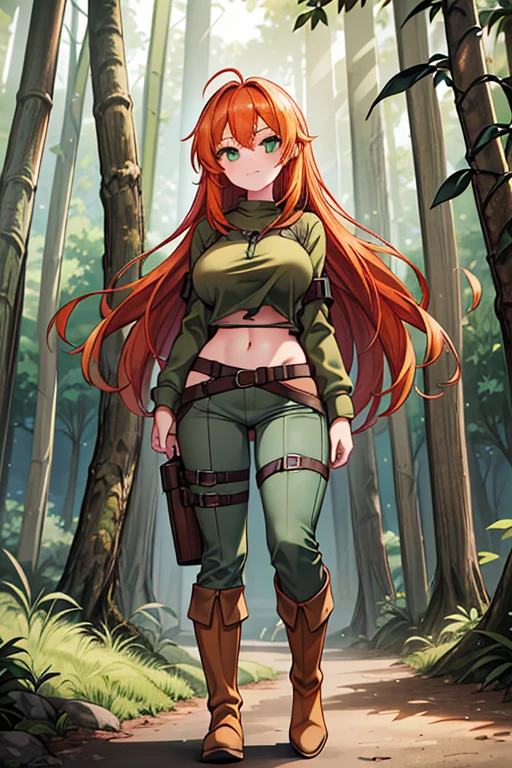 A Beautiful Adventurous Girl, ((18 years-old)), with (Lush, Long Orange Hair), (Beautiful Green Eyes), Big Breasts, very wide hips, slightly muscular, mildly slim figure. Wearing a (worn, Olive Green Tunic), Leather Waistband, (worn, Long DarkBrown Pants), and (Tall Grey Boots). Standing in a Forest, with a confident expression and a adventurous smile.